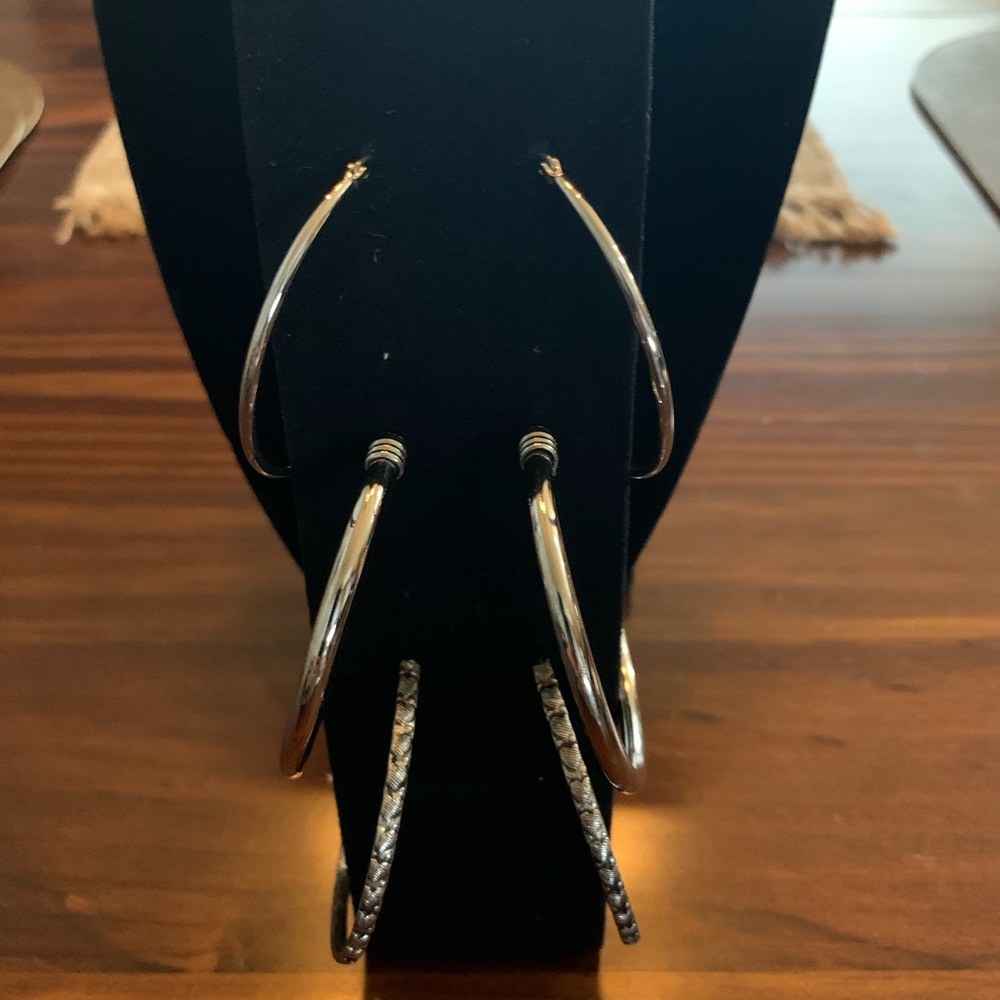 Large Silver Hoop Earrings Set of 3